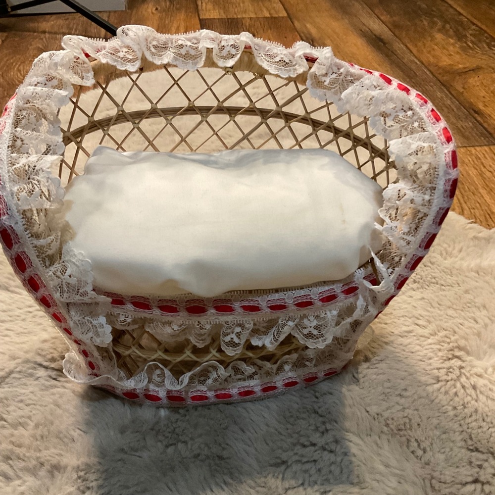 VTG Plant or Doll Wicker Fan Chair Decorated With Lace Trim Red Ribbon Seat Cush